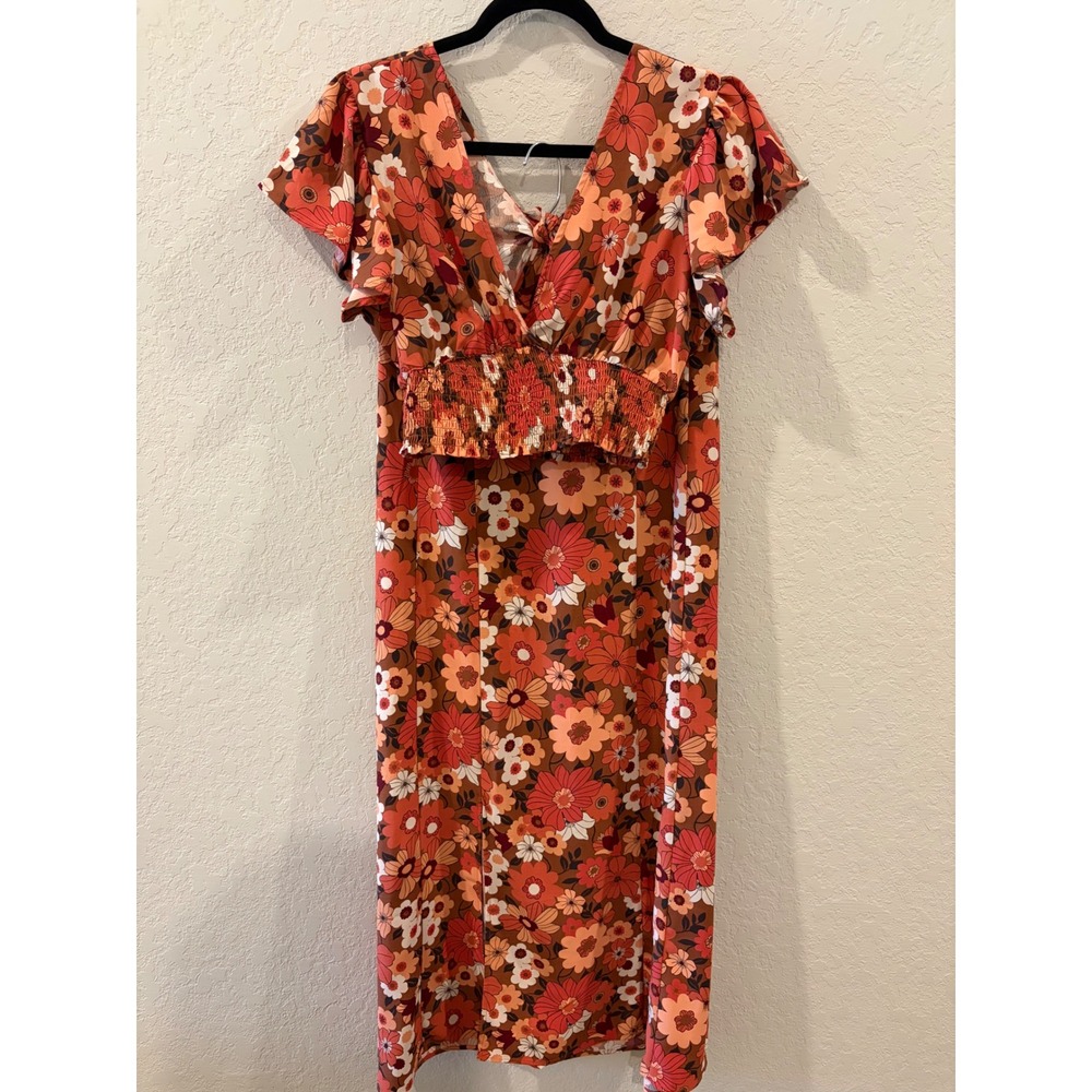 Orange Floral 70s Retro Two Piece Set Crop Tie Back Top and Maxi Skirt M/L